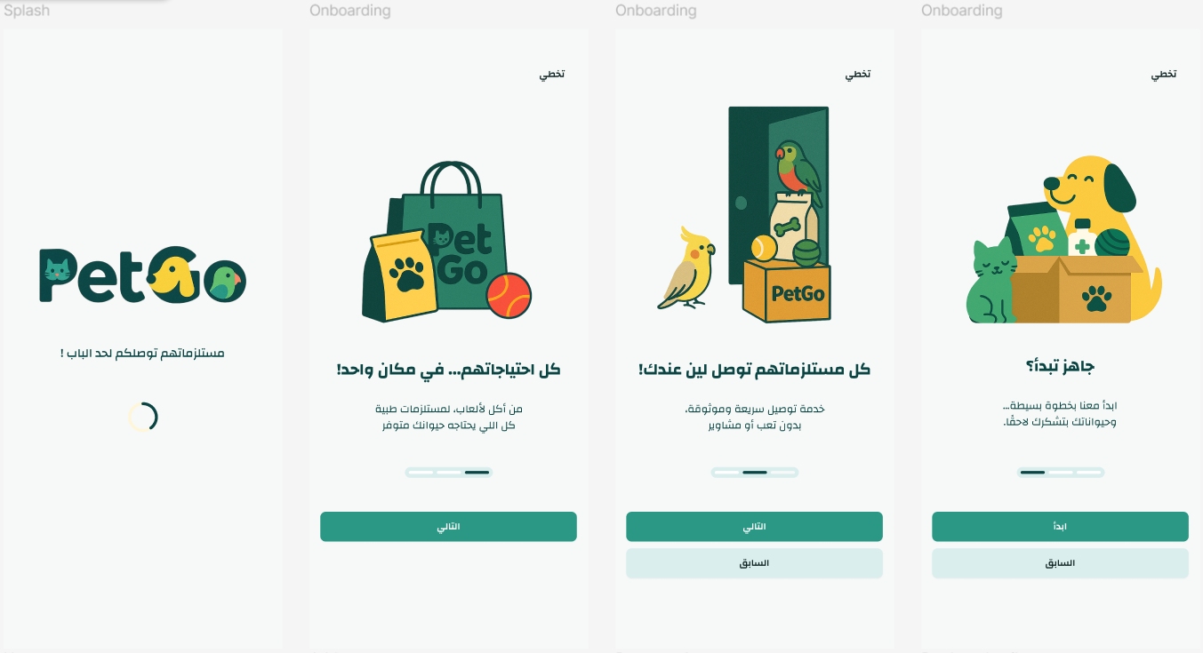 PetGo mobile app home screen showing pet supply categories and featured products in a clean dark-themed UI